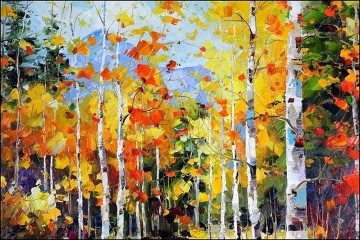 Artworks in 150 Subjects Painting - Textured Red Yellow Trees Autumn by Knife 03